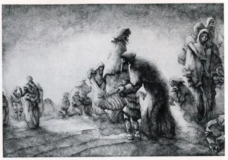 Etching Desmazières - Un Maman apprenant a son fils a voler