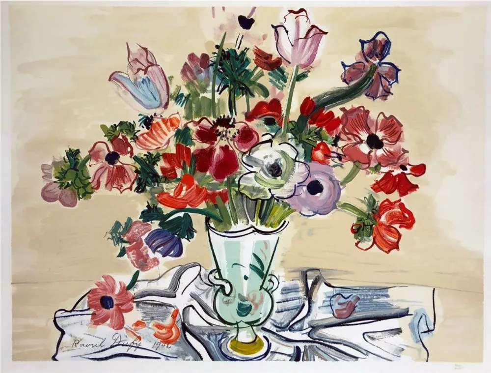 Lithograph Dufy - ANÉMONES (1942).