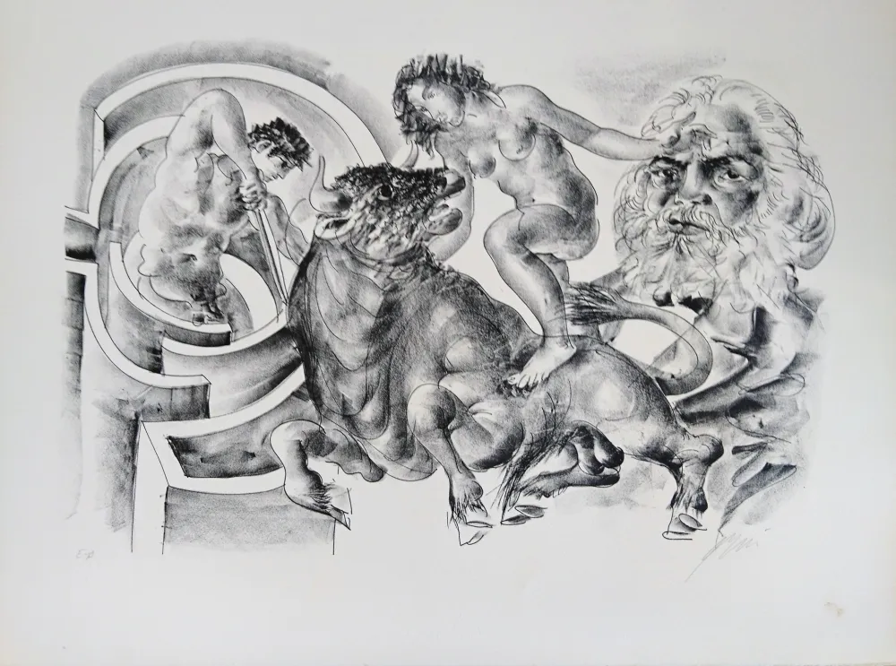 Lithograph Erni - Bull and portrait of Marx