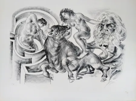 Lithograph Erni - Bull and portrait of Marx