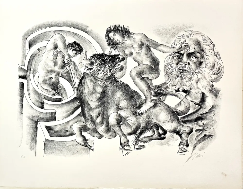 Lithograph Erni - Bull and portrait of Marx