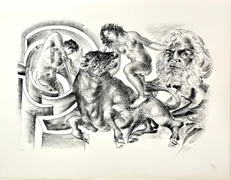 Lithograph Erni - Bull and portrait of Marx