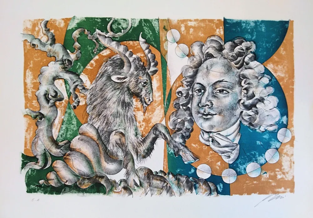 Lithograph Erni - Capricorn and Bach portrait