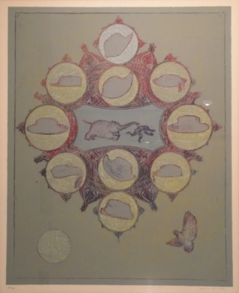 Lithograph Ernst - Le singe poursuivi par un éléphant pour un vol de chapeau