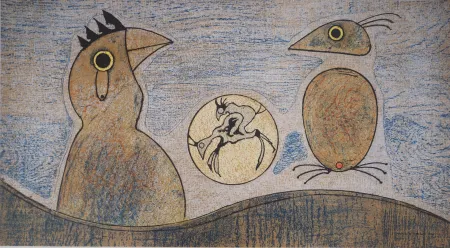 Lithograph Ernst - Rêve surréaliste : les coqs