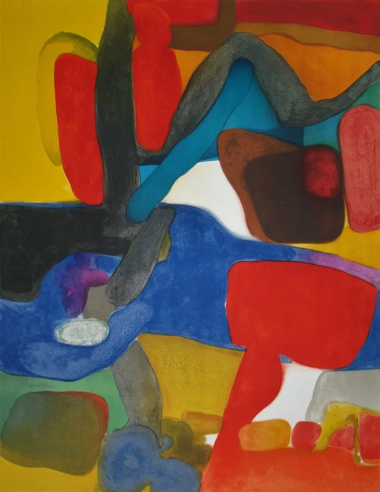 Lithograph Esteve - Composition rouge et bleu