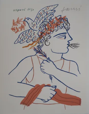 Lithograph Fassianos - Athlète vainqueur et colombe de la paix