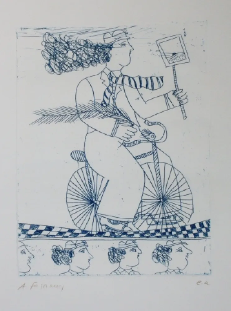 Etching And Aquatint Fassianos - Homme bleu au velo bleu