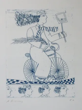 Etching And Aquatint Fassianos - Homme bleu au velo bleu
