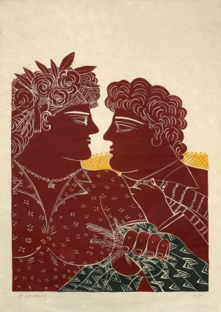 Linocut Fassianos - Mariage au printemps