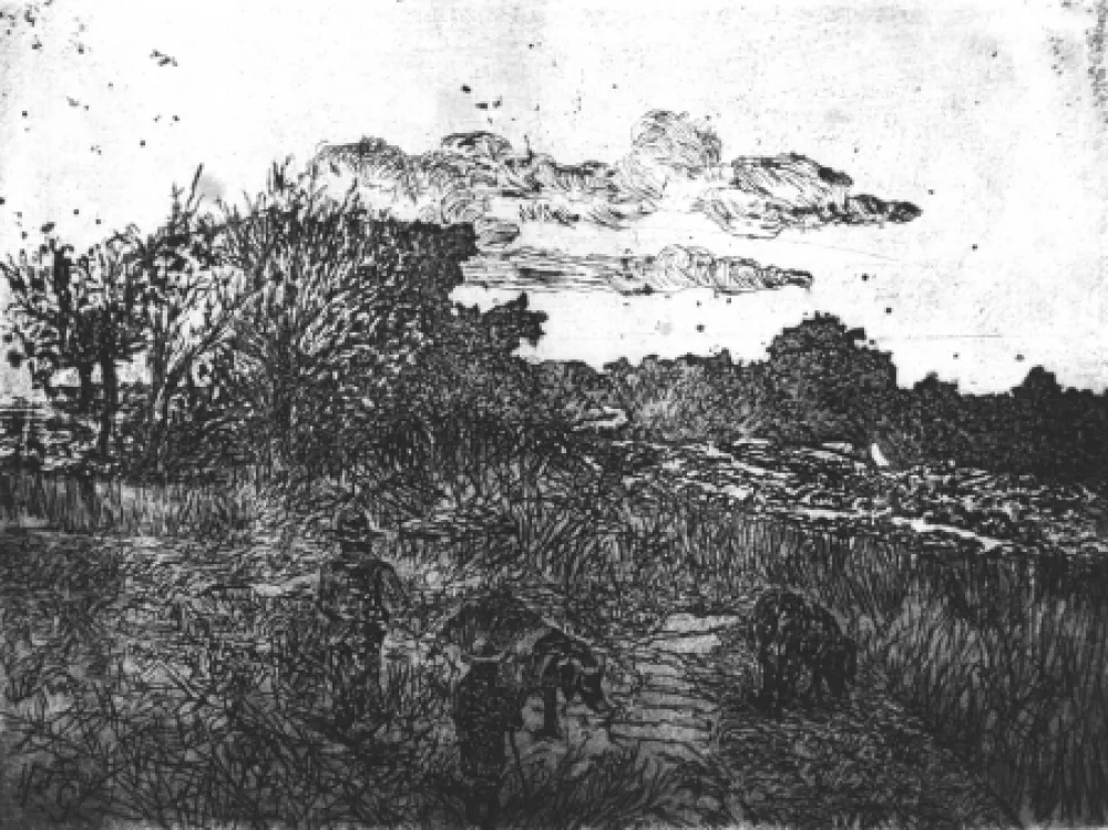 Engraving Fattori - Paese al tramonto (con guardiani di porci)