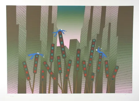 Screenprint Folon - City Lights - Les lumières de la ville