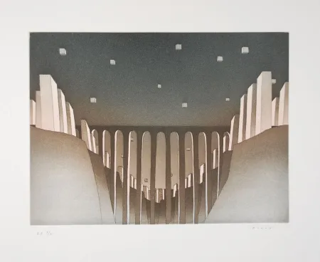 Etching And Aquatint Folon - Le viaduc