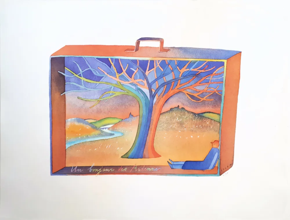Lithograph Folon - Voyage en valise : Un bonjour des Ardennes