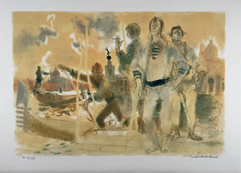 Lithograph Fontanarosa - Gondoliers à Venise