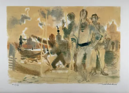 Lithograph Fontanarosa - Gondoliers à Venise