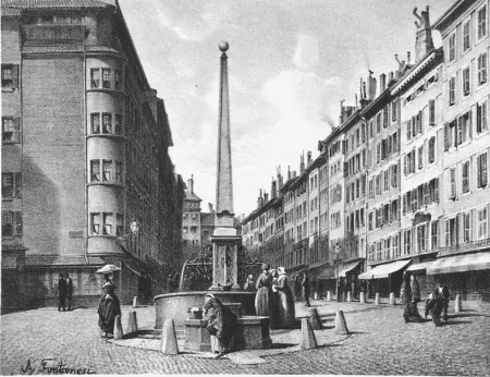 Lithograph Fontanesi - Fontaine et rue de Coutance