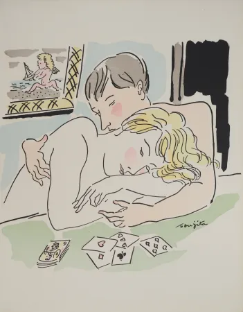 Etching Foujita - Amoureux au jeu de cartes