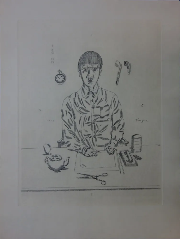 Etching Foujita - Autoportrait à la table de travail