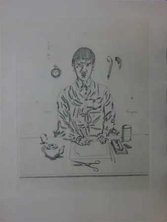 Etching Foujita - Autoportrait à la table de travail