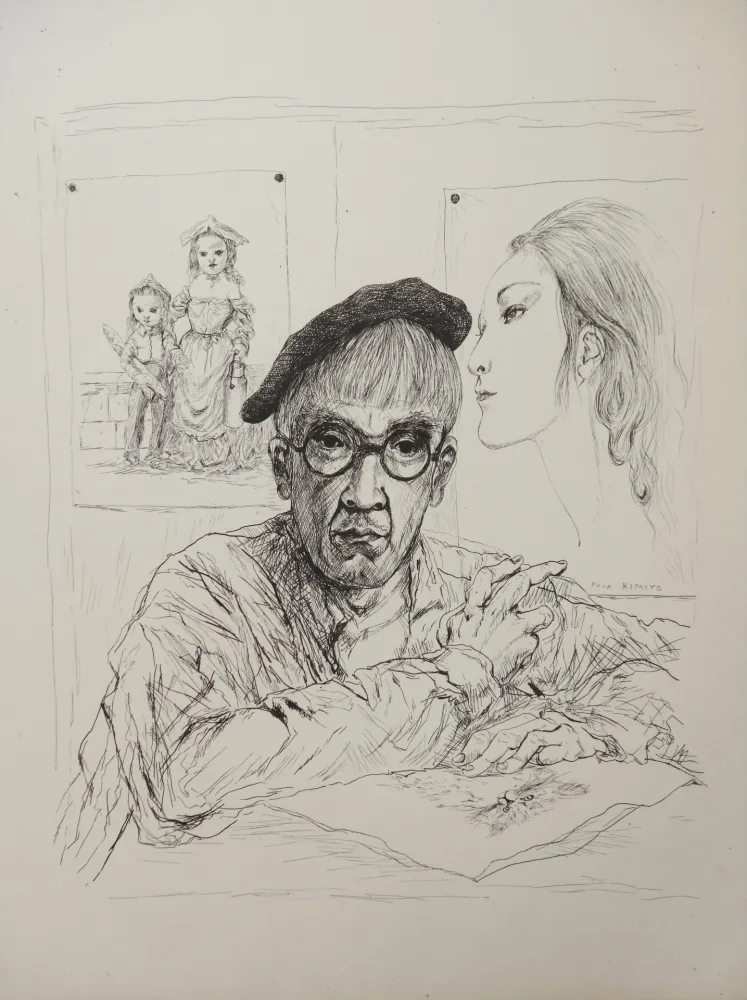 Etching Foujita - Autoportrait au béret avec sa femme Kimiyo