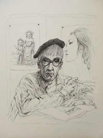 Etching Foujita - Autoportrait au béret avec sa femme Kimiyo