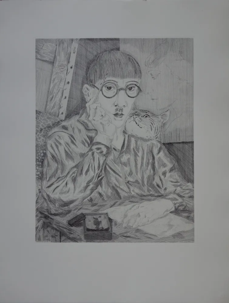 Etching Foujita - Autoportrait au chat
