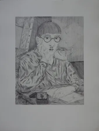 Etching Foujita - Autoportrait au chat