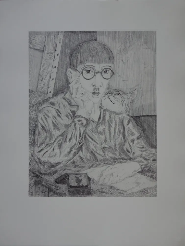 Etching Foujita - Autoportrait au chat