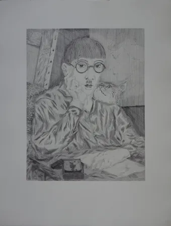 Etching Foujita - Autoportrait au chat