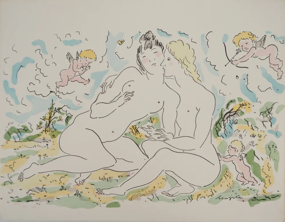 Etching Foujita - Couple de femmes et chérubins
