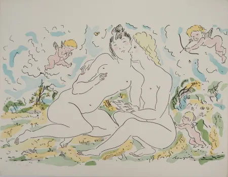 Etching Foujita - Couple de femmes et chérubins