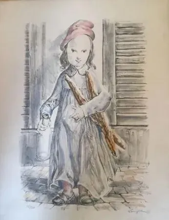 Lithograph Foujita -  ''Fillette aux baguettes de pains'' ou ''Le matin'' circa 1956
