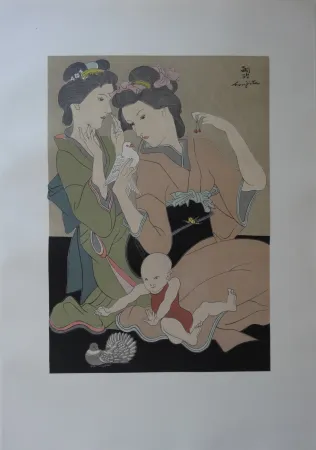 Etching Foujita - Geishas à la colombe