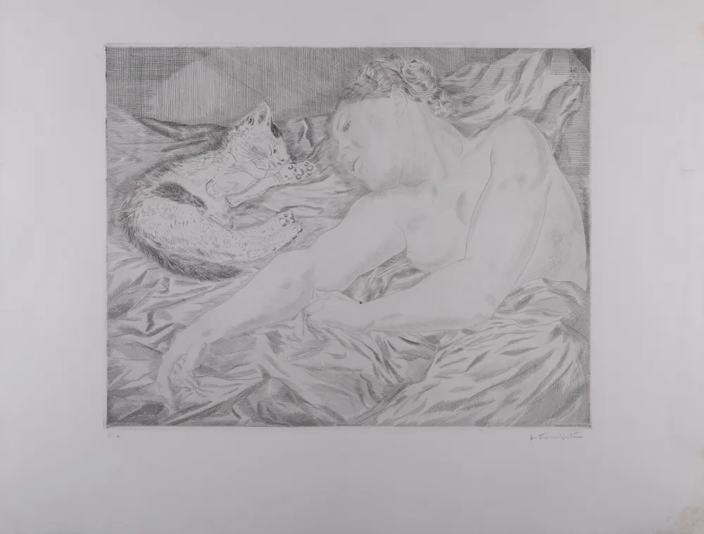 Etching Foujita - La Femme au chat, 1927 - Hand-signed