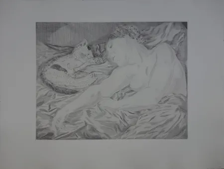 Etching Foujita - Le rêve, Femme au chat