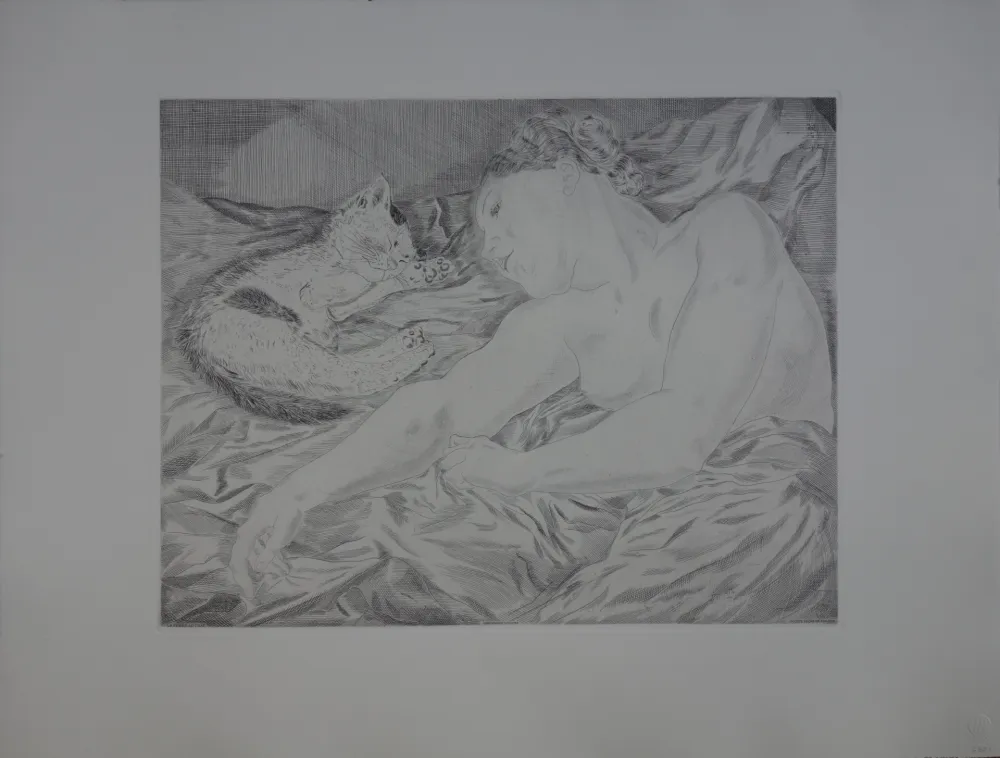 Etching Foujita - Le rêve, Femme au chat
