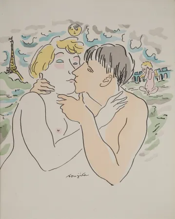 Etching Foujita - Les amoureux à Paris