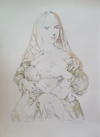 Lithograph Foujita - MATERNITE AU VOILE ROUGE  (1964)