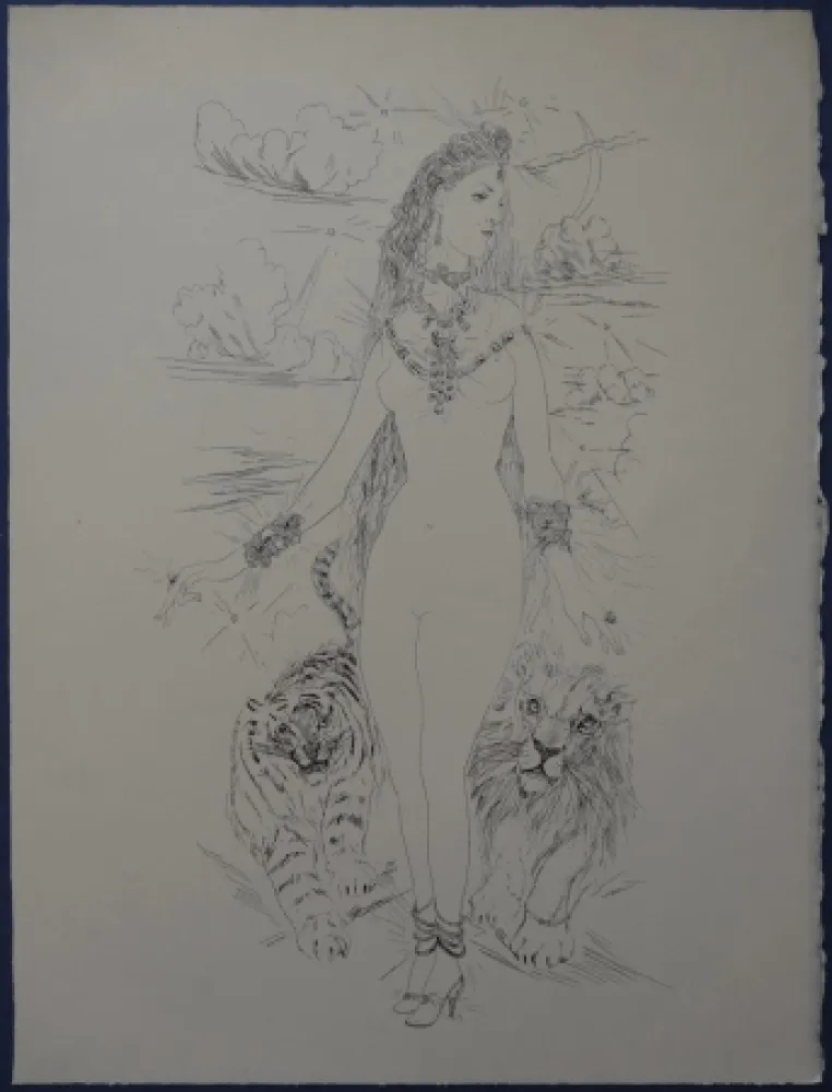 Engraving Foujita - Rivière enchantée - Femme aux félins