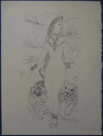 Engraving Foujita - Rivière enchantée - Femme aux félins