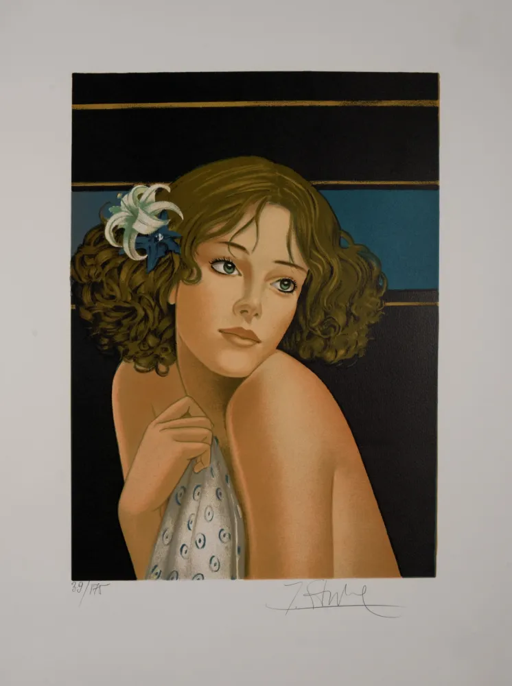 Lithograph Ganne - La fille à la fleur - Hand-signed