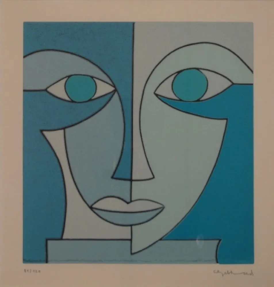 Linocut Gebhard - Blauer Kopf