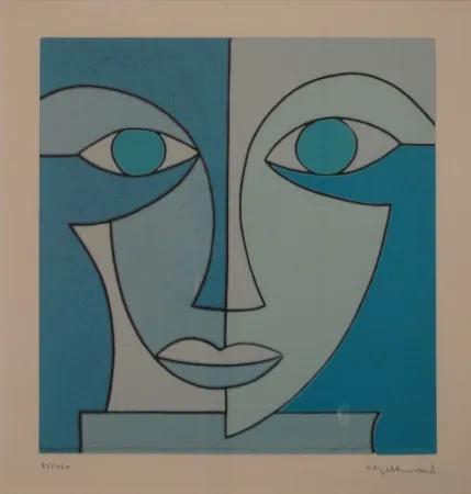 Linocut Gebhard - Blauer Kopf