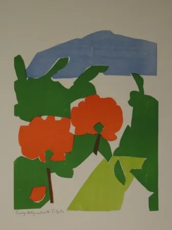 Woodcut Gehr - Zwei rote Bäume in Landschaft