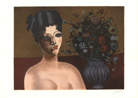 Lithograph Gentilini - Ragazza con vaso di fiori