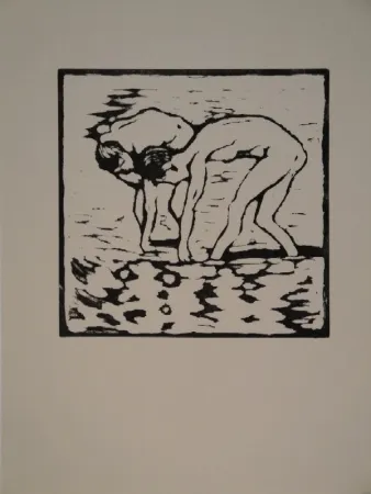 Woodcut Giacometti - Fanciulli nel lago, Alberto und Diego im Silsersee