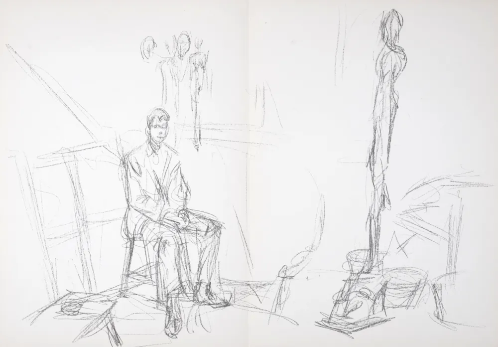 Lithograph Giacometti - Homme assis et sculptures, 1961