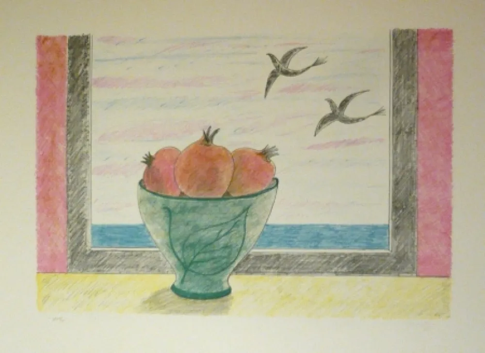 Lithograph Girona - Magranes i ocells