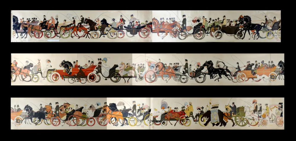 Lithograph Goursat - Le Retour des courses, 1910 - scarce COMPLET set in six assembled parts